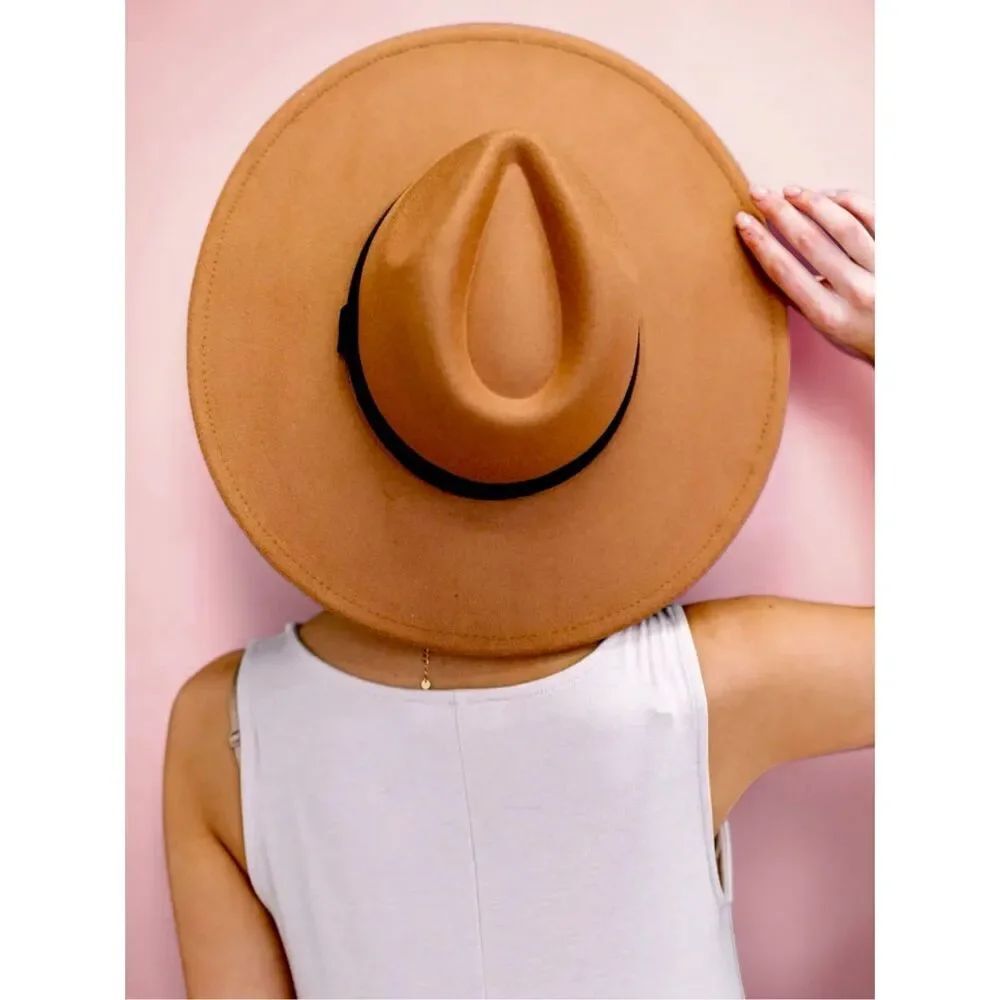 FAME Camel Wide Brim Fedora Hat | Tan Boho Rancher Western Black Ribbon NEW - Picture 7 of 14